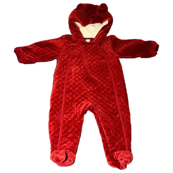 Nordstrom Baby‎ Quilted One Piece Bunting Velour Red Heart Bear Girl 12 Months - Picture 1 of 9